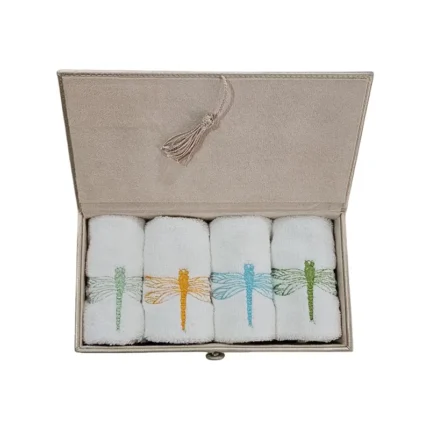 Coffret Beige Quatre Serviettes Invités Éponge 700gr libellule